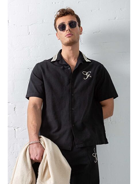 Abluka Online Erkek Relax Fit Keten Görünümlü Nakışlı %100 Pamuk Gömlek Siyah - S000365717-19351