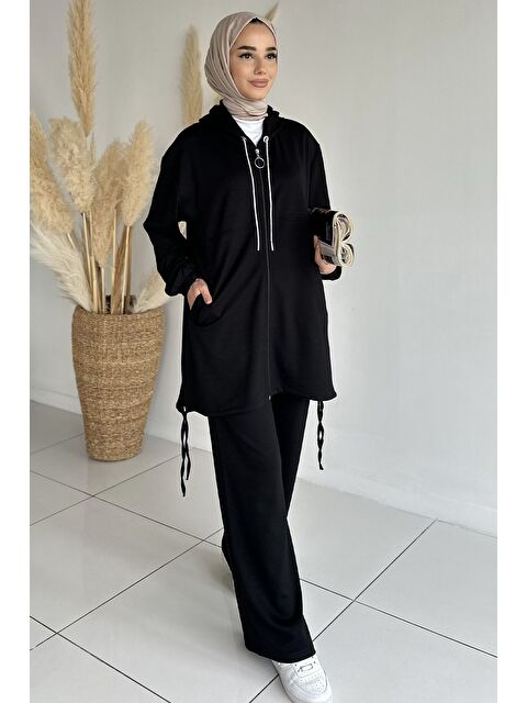Julude Ön Fermuarlı Kapüşonlu Tunik Bel Lastikli Pantolon Tesettür İkili Takım - S000470349-19351
