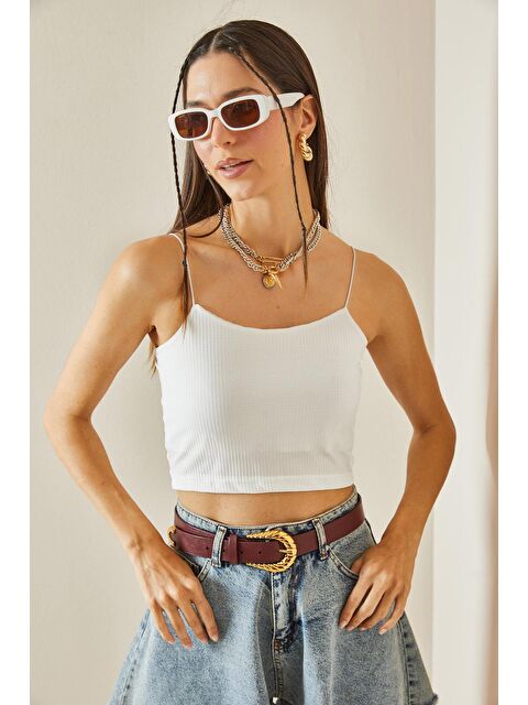 Xhan Beyaz İnce Askılı Fitilli Crop Bluz 5YXK2-48624-01 - S000208178-20063