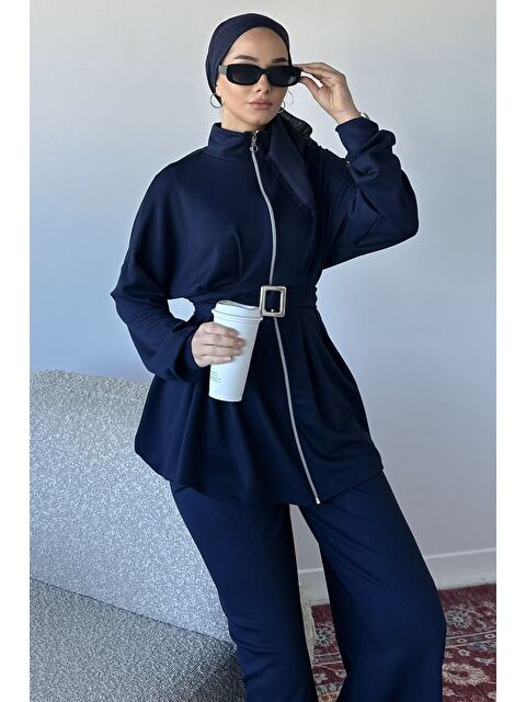 Julude Ön Fermuarlı Pileli Tunik Bel Lastikli Pantolon Tesettür İkili Takım - S000470351-21164