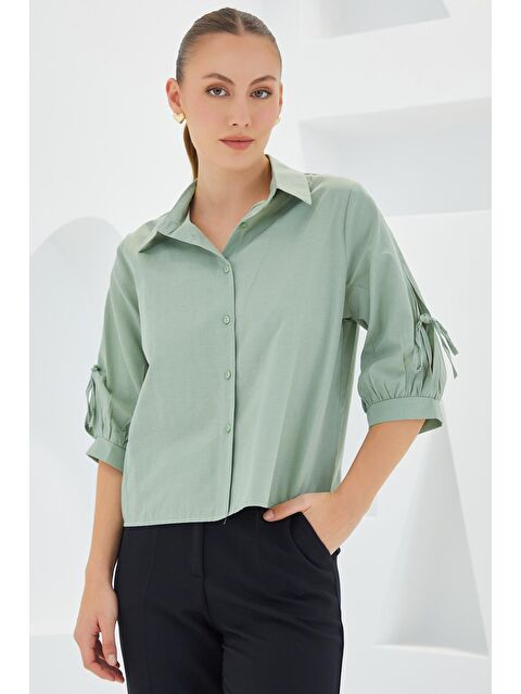 Bigdart Kadın Kol Detaylı Çağla Yeşili Crop Gömlek 20246 - S000174470-18194