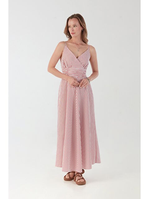 Fullamoda Çizgili Kruvaze Yaka İp Askılı Elbise - S000218379-20045