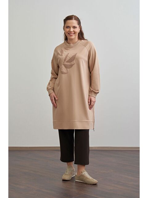 ALLDAY Vizon-Büyük Beden Pamuklu Yaprak Desenli Tunik