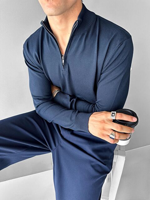 Abluka Online Erkek Yarım Fermuarlı Dik Yaka Kazak Lacivert - S000270852-21164