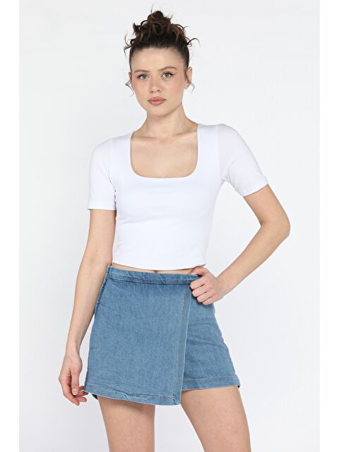 Gülseli Kadın Fermuarlı Bel Lastikli Jean Şort Etek - S000373576-17234