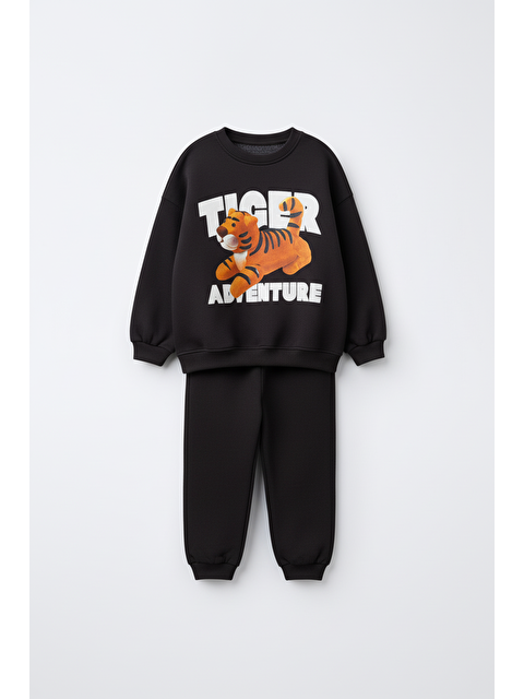 Magu Erkek Çocuk Pamuklu Siyah Kaplan Baskılı Sweatshirt Ve Eşofman Alt Takım - S000444951-19351