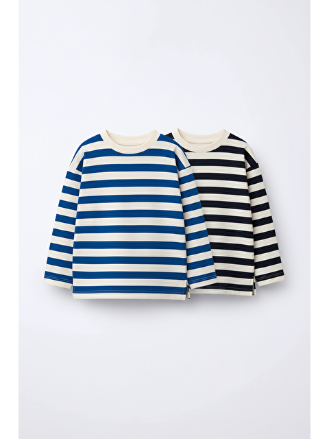 Magu Unisex Çocuk Pamuklu Lacivert Ve Mavi Çizgili Uzun Kollu T-Shirt 2'Li Paket - S000444952-23173