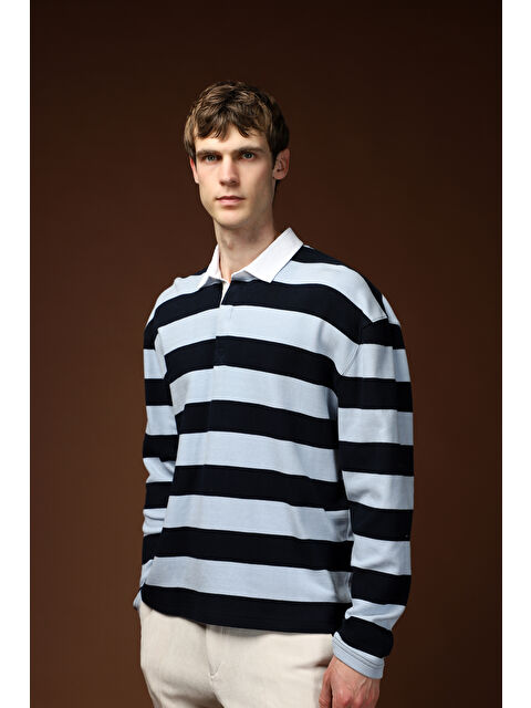 Kiğılı Polo Yaka Oversize Ekstra Rahat Kesim Çizgili Pamuk Sweatshirt - S000446938-17437