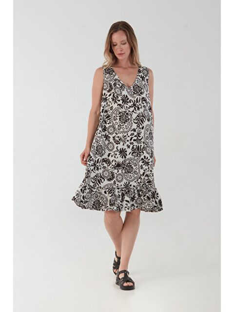 Fullamoda Şal Desenli V Yaka Pileli Salaş Elbise - S000388838-19351