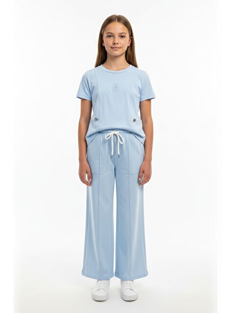 Toontoykids Kız Çocuk 2'li Eşofman Takımı Bisiklet Yaka Kısa kollu Cepli Tişört & Beli Lastikli Bol Paça Eşofma