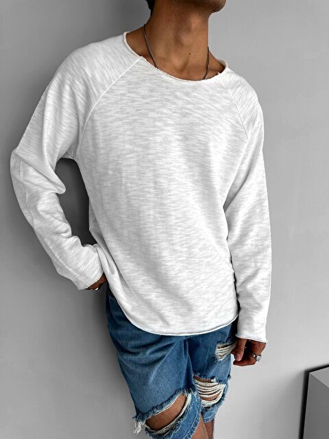 Abluka Online Erkek Geniş Yaka Uzun Kollu Basic Sweatshirt Beyaz - S000270854-20063