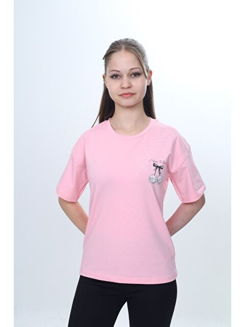 Toontoykids Kız Çocuk Bisiklet Yaka Düşük Omuz Kısa Kollu Baskılı Tişört  24973