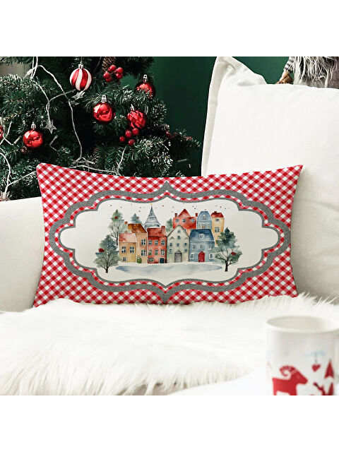 Evmila Yılbaşı Temalı Ev Desenli Kadife Kırlent Kılıfı 35x55 cm - S000285238-23173