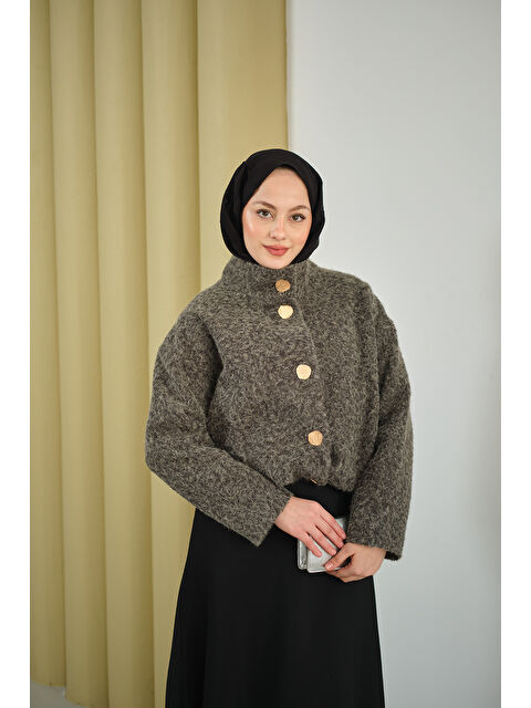 Locco Moda Kadın Düğmeli Kısa Keçe Kaban Gri - S000494495-20600