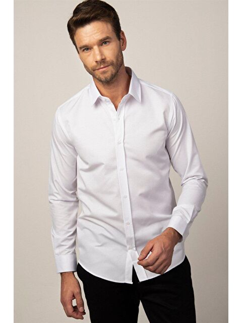 TUDORS Modern Slim Fit Uzun Kollu Pamuklu Kolay Ütü Armürlü Erkek Beyaz Gömlek - S000243726-20063
