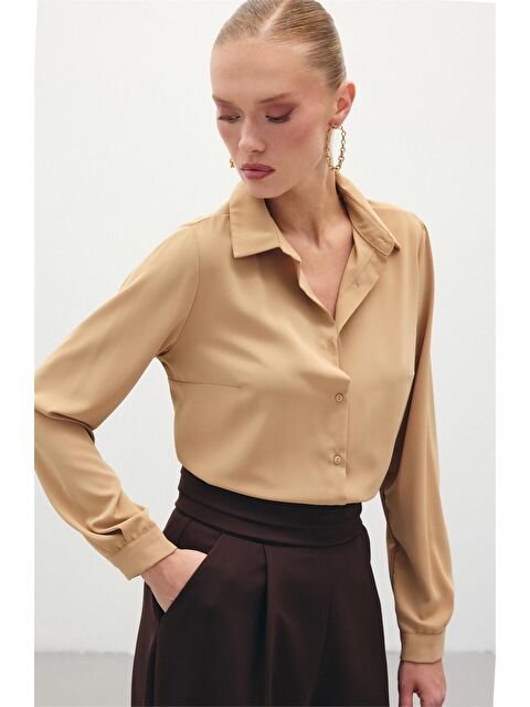 SATEEN Düz Klasik Gömlek - Camel - S000323499-4557