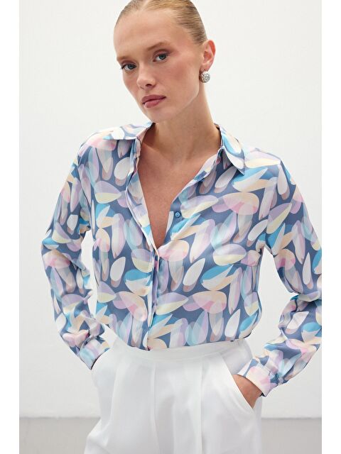 SATEEN Desenli Uzun Gömlek - Mavi - S000323511-17234