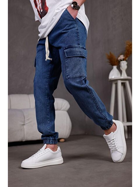 Oksit Dasser Paçası ve Beli Lastikli Slim Fit Elastanlı Jean Kargo Pantolon - S000360374-17234