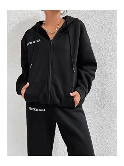 Trendseninle Kadın Siyah Sierra Nevada Baskılı Hırka Jogger Oversize Eşofman Takımı - S000112693-19351
