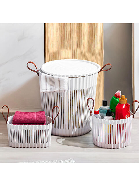 Porsima 4316 Beyaz 3'lü Sepet Seti – Banyo Mutfak Organizeri, Tezgah Üstü ve Kirli Çamaşır Sepeti - S000376117-20063