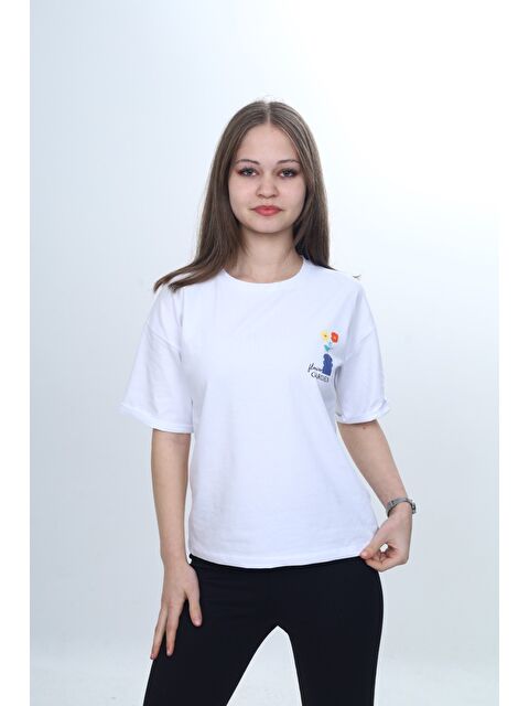 Toontoykids Kız Çocuk Baskılı Bisiklet Yaka Düşük Omuz Kısa Kollu Tişört 24974