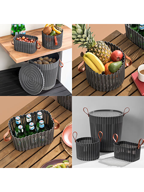Porsima 4314 Antrasit 3'lü Sepet Seti – Banyo Mutfak Organizeri, Tezgah Üstü ve Kirli Çamaşır Sepeti - S000376116-29666