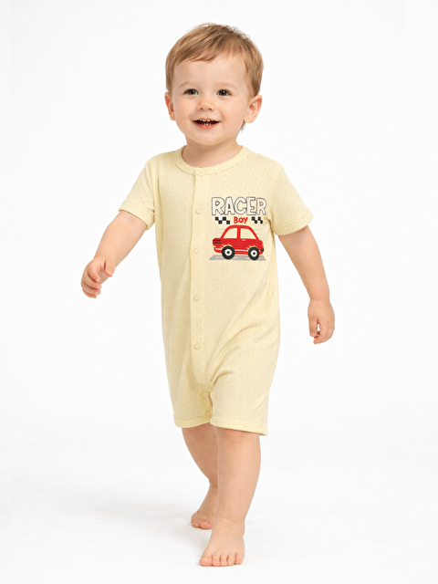 Luggi Baby Bisiklet Yaka Baskılı Erkek Bebek Jakarlı Kısa Tulum