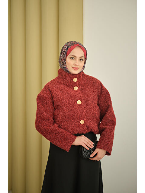 Locco Moda Kadın Düğmeli Kısa Keçe Kaban Bordo - S000494495-19951