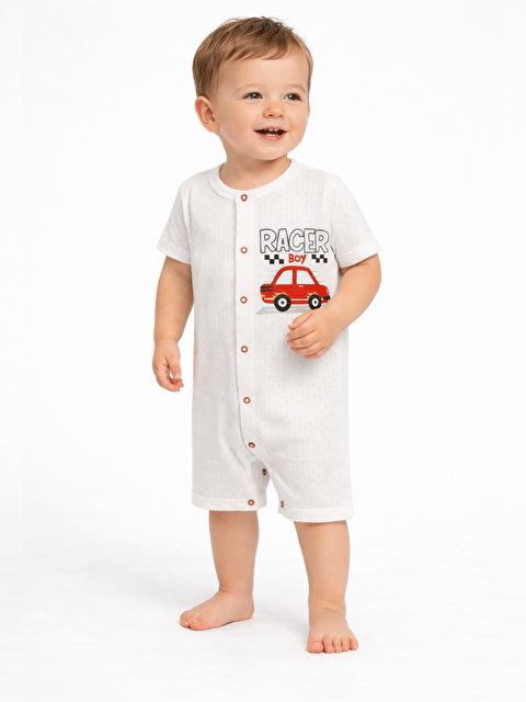 Luggi Baby Bisiklet Yaka Baskılı Erkek Bebek Jakarlı Kısa Tulum