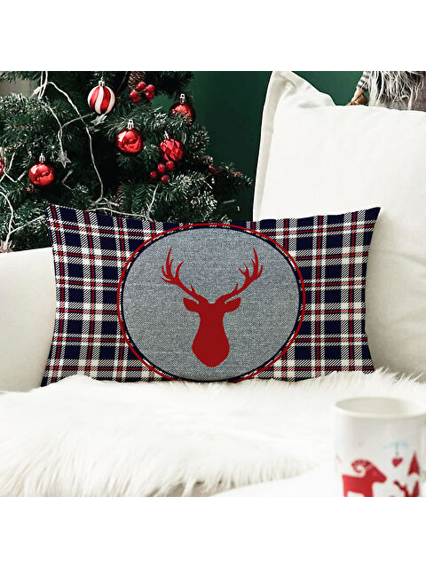 Evmila Yılbaşı Temalı Geyik Desenli Kadife Kırlent Kılıfı 35x55 cm - S000285240-23173