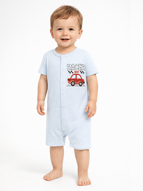 Luggi Baby Bisiklet Yaka Baskılı Erkek Bebek Jakarlı Kısa Tulum