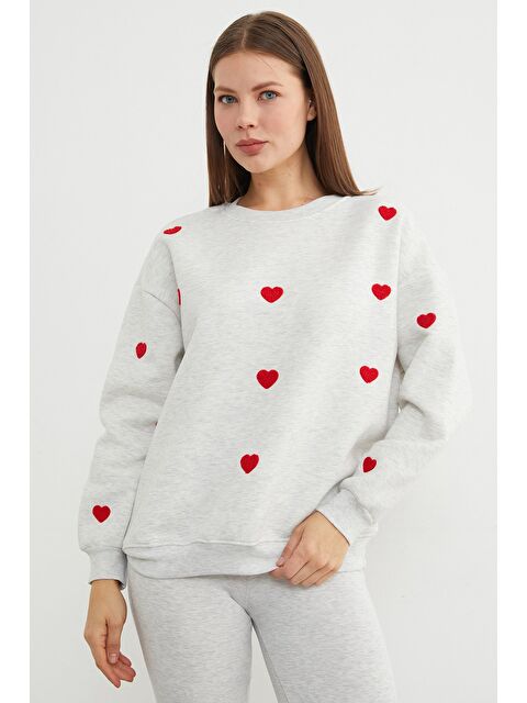 Fullamoda 3 İplik Kalp Nakışlı Oversize Sweatshirt - S000469624-74