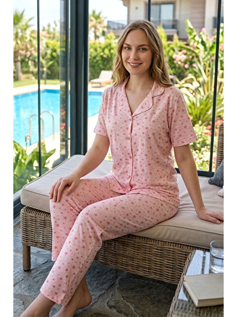 Remsa Kadın Desenli Kısa Kol Suprem Pijama Takımı 0581 Pudra05