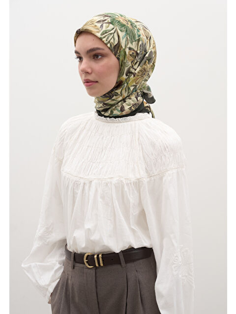 Fresh Scarfs Vıntage Garden Desen Pamuklu Viskon Eşarp Yeşil - S000458608-18194