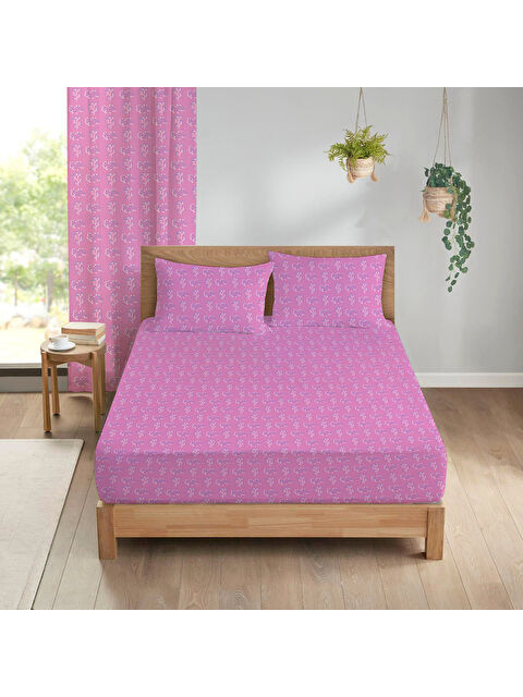 Evmila Çiçek Desenli Baskılı 180x200 Çift Kişilik Lastikli Çarşaf Seti Pembe - S000291134-23173