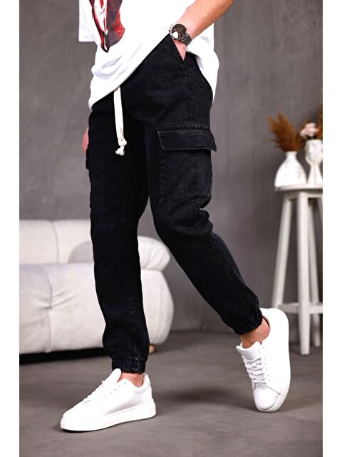 Oksit Dasser Paçası ve Beli Lastikli Slim Fit Elastanlı Jean Kargo Pantolon - S000360374-19351