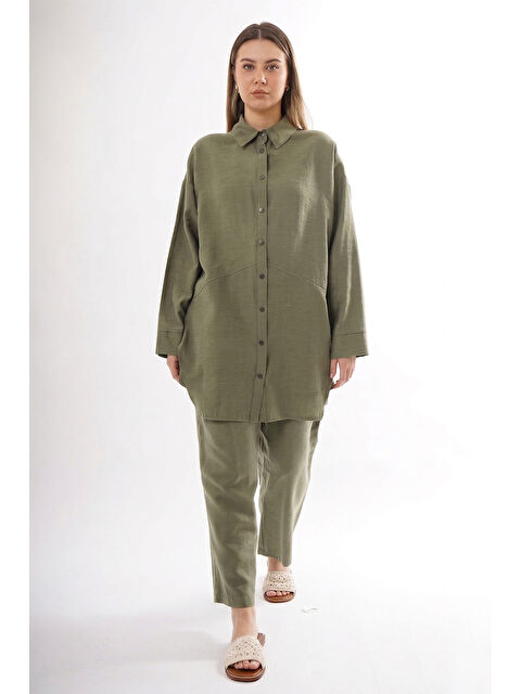 Remsa Önü Çıtçıtlı Aller Detay Keten Kumaş Pantolonlu Takım 906 Haki