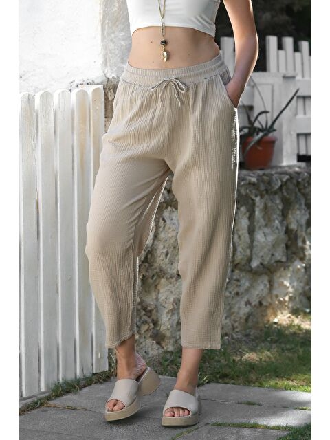 Chiccy Organik Pamuk Bej Cepli Lastikli Ve Bağlamalı Bel Şalvar Casual Müslin Dokuma Pantolon 100 65 - S000416097-19928