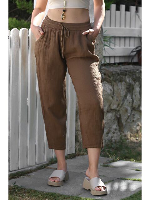 Chiccy Organik Pamuk Kahverengi Cepli Lastikli Ve Bağlamalı Bel Şalvar Müslin Dokuma Pantolon 100 65 - S000416097-19413