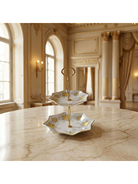 GÜRAL PORSELEN Özel Tasarım El Dekoru Yıldız Şekilli İki Katlı Dekoratif Sunumluk Kurabiyelik - S000513794-37646