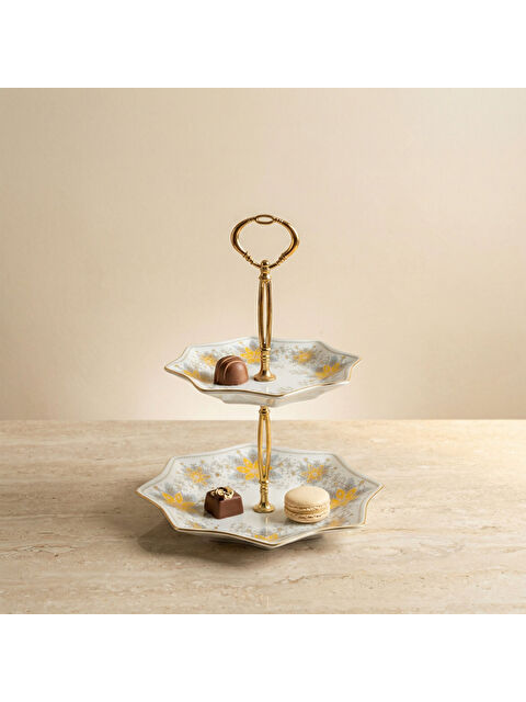 GÜRAL PORSELEN Özel Tasarım El Dekoru Yıldız Şekilli İki Katlı Dekoratif Sunumluk Kurabiyelik