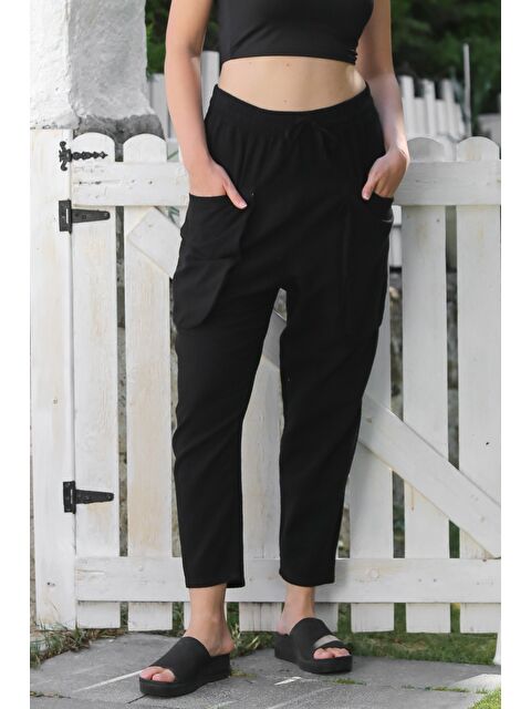 Chiccy Organik Pamuk Siyah Kargo Cepli Lastikli Ve Bağlamalı Bel Şalvar Casual Dokuma Pantolon 100 65 - S000416098-19351