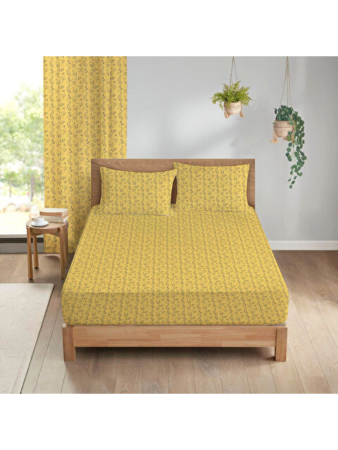 Evmila Çiçek Desenli Baskılı 180x200 Çift Kişilik Lastikli Çarşaf Seti Sarı - S000291137-23173