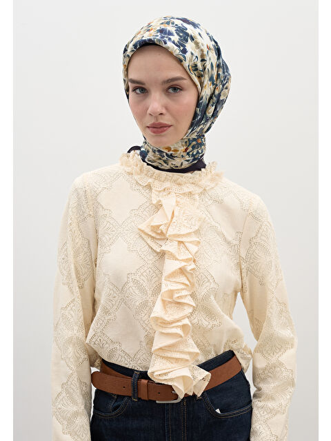 Fresh Scarfs Cherry Blossom Desen Pamuk Viskon Eşarp Lacivert - S000458618-21164