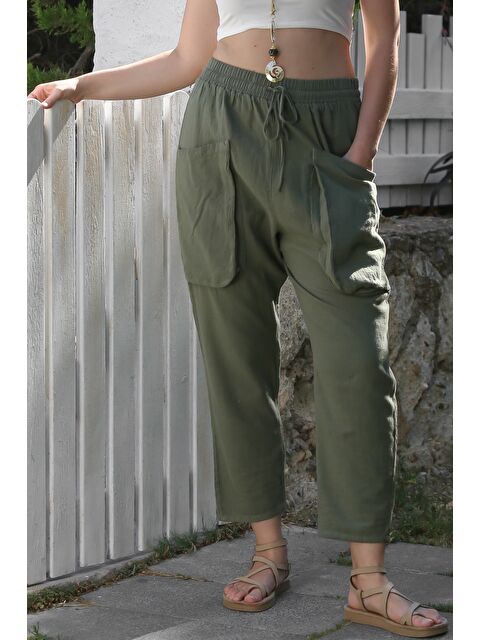 Chiccy Organik Pamuk Haki Kargo Cepli Lastikli Ve Bağlamalı Bel Şalvar Casual Dokuma Pantolon 100 65 - S000416098-18547