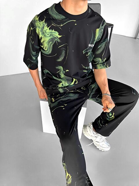 Abluka Online Erkek Oversize Desen Baskılı Premium Tişört Siyah - S000270862-19351