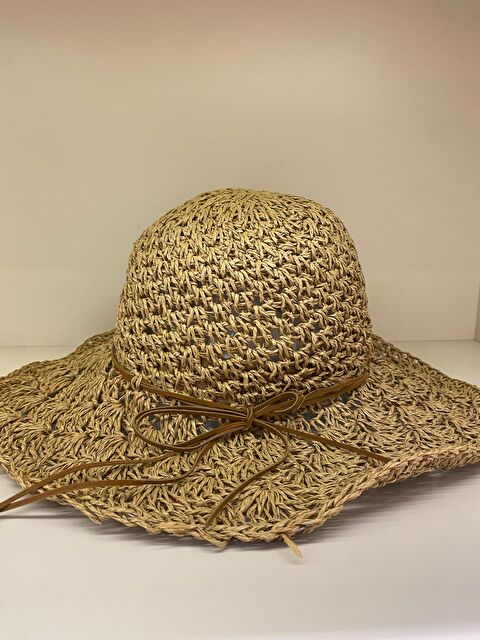 Luminos Butik Camel Geniş Kenarlı El Örgüsü Hasır Şapka - Örgü Detaylı Trendy Yazlık Aksesuar HSR2102
