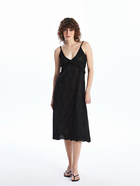 Dexia Amadora - Triko ve Keten Kumaş Birleşimli Yazlık Elbise - Siyah - S000223071-19351