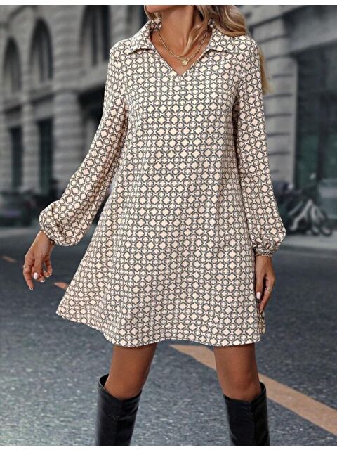 Jane's Kadın Uzun Kollu Yakalı Desenli Mini Modal Elbise - S000528781-19928