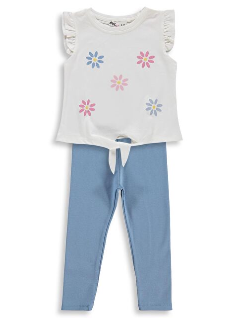 Civil Girls Çiçek Baskılı 2-5 Yaş Takım - Kırık Beyaz-Açık İndigo